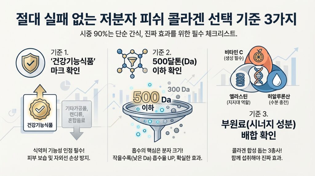 저분자 피쉬 콜라겐 효능 흡수율 진실 팩트체크: 피부 탄력 위해 먹는 콜라겐 고르는 법과 섭취 시간 완벽 가이드 5 저분자 피쉬 콜라겐 선택 기준