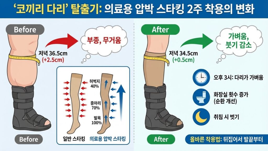 퇴근길 부츠가 안 잠기는 '코끼리 다리' 탈출기: 의료용 압박 스타킹 2주 착용 전후 둘레 변화 후기