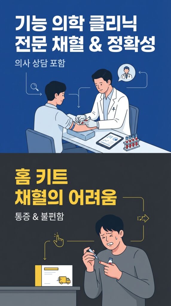 첫 번째는 기능의학 병원을 가는 거예요. 가정의학과나 피부과 중에서 기능의학을 같이 하는 곳을 찾으면 돼요. 네이버 지도에 음식물 과민증 검사나 기능의학병원이라고 검색하면 꽤 나오더라고요. 전문적으로 채혈을 하니까 정확하고, 의사 선생님이 결과지 보면서 상담도 해주니까 저는 이쪽이 훨씬 좋았어요.

두 번째는 홈키트예요. 집에서 채혈해서 택배로 보내는 건데, 병원 갈 시간 없는 분들한테는 편하겠지만 손가락 찔러서 피 모으는 게 생각보다 아프고 어렵다는 후기가 많아서 저는 패스했어요.