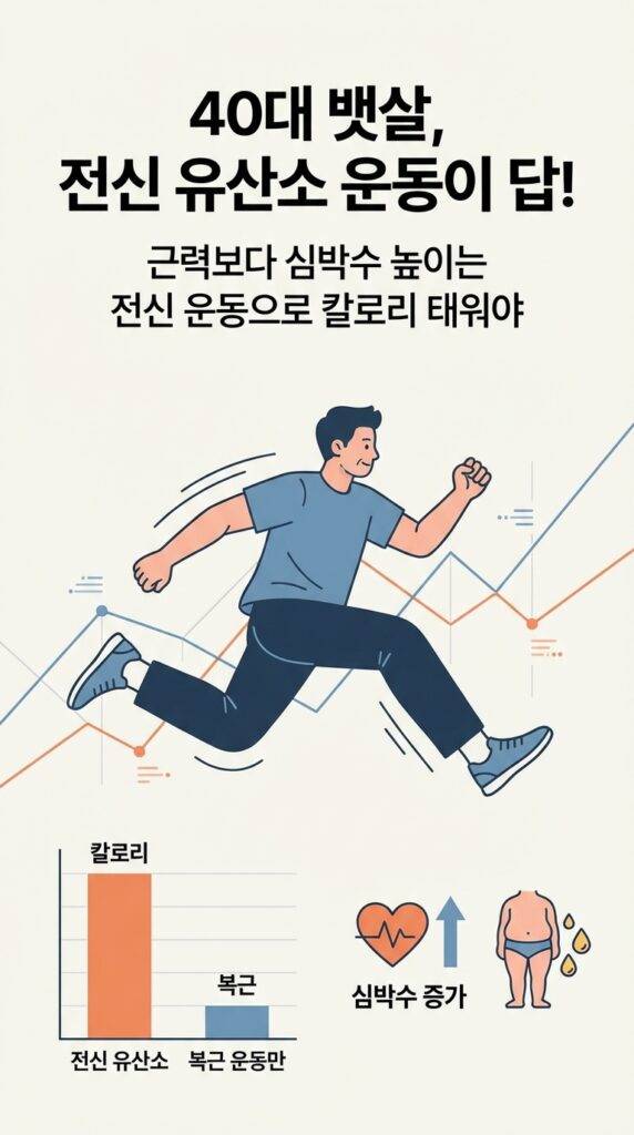 40대 뱃살 빨리 빼는 맨몸운동 루틴: 헬스장 안 가고 집에서 내장지방 태우는 현실적인 방법 (층간소음 없음) 3 윗몸일으키기는 제발 그만하세요
40대 뱃살 빨리 빼는 맨몸운동의 핵심은 근력 운동이 아니라, 심장을 뛰게 만들어서 지방을 태우는 유산소성 전신 운동이어야 해요.