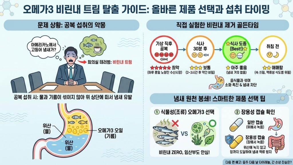 오메가3 빈속에 먹었다가 회의실에서 비린내 테러한 썰: 트림 냄새 없이 먹는 타이밍과 제품 고르는 법