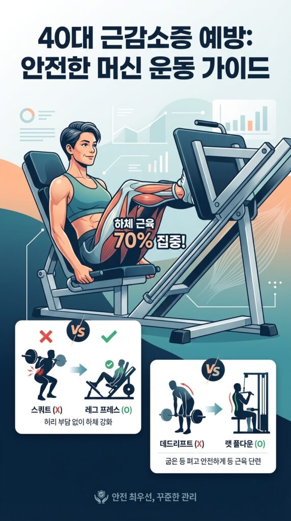 40대 근감소증 예방 헬스 루틴: 허리 디스크 없이 안전하게 근육량 지키는 현실적인 3분할 운동법 4 머신 사용하기